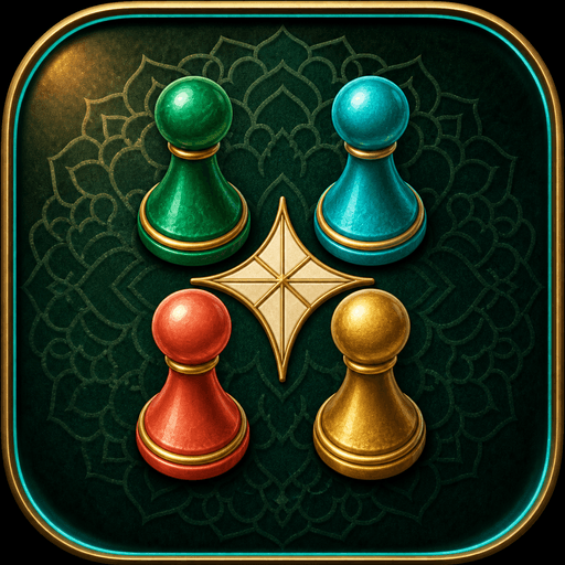 Four colorful Ludo pawns around a star